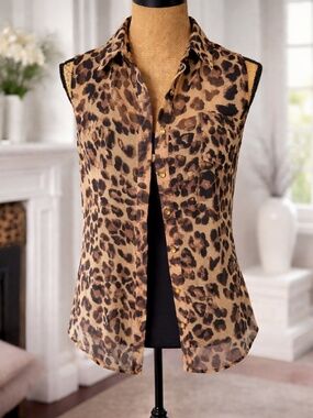 "Mine" Sheer Leopard Print Sleeveless Blouse Gold Buttons - Women's Large